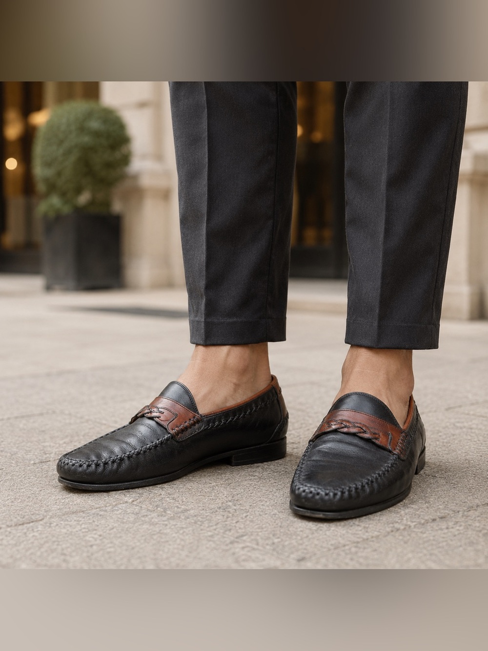 Vintage Bruno Magli Mens 12M Black Brown Leather Woven  Made in Italy Loafer